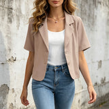 Women Cropped Short Sleeve Blazer Jacket Lapel Collar Buttons Loose Solid Suit Coat Summer Casual Office Outerwear With Pocket