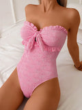 S - XL Floral Print Strapless Ruffled Frill Female Swimwear One Piece Swimsuit Women Monokini Bow Knotted Bathing Suit Swim Lady