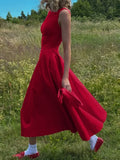 Chic Elegant O-neck Sleeveless Backless A-line Long Dresses Red Black 2026 Summer High Waist Tunics Zip-up Party Evening Dress
