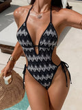 Printed Halter V Neck One Piece Swimsuit Women Swimwear Female Backless Monokini High Leg Cut Bather Bathing Suit Swim Bodysuit