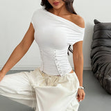 Summer Slash Neck T Shirts Women Sexy Short Sleeve Pleate Slim Fishbone Waist Cinching Tops Bandage Cross Club Party T-Shirt
