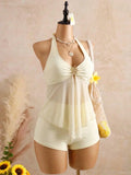 Vintage Yellow Polka Dot Print Bikini Set 2026 Women Metal Sun Ornament Mesh Tank Top High Waist Swimsuit Bathing Suit Swimwear