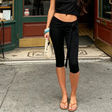 Women's Solid Color Slim Fit Cropped Trousers Summer Capri Pants with Side-Tie Waist Detail for Daily Leisure