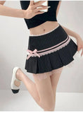 Striped Contrasting Color Bow Lace Splicing Pleated Skirt Women 2026 Summer American Style Low Waist  A-line Short Skirt UBFK