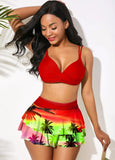 Sexy Ruffled Swimsuit Women Push Up Hollow Out Cross Bikini Set Women Maple Print Beach Bathing Suit Skirt Swimwear Plus Size