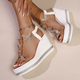 Rhinestone Butterfly Decor Chunky Platform Sandals Women Fashion Slip On Wedges Sandles Woman Lightweight Elastic Band Sandals