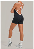 New Tight One-piece Yoga Suit Women Color Contrast Splicing Hollow Back Cross Sports Jumpsuit Outwear Slimming Fitness Bodysuits