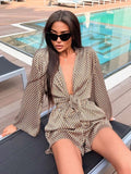 Marthaqiqi Fashion Ladies Nightgowns Suit Turn-Down Collar Robe Lace Up Pajama Long Sleeve Sleepwear Shorts Printing Nightie Set