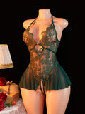 Adult Erotic Bodysuit Lace Hanging Collar Deep V-neck Semi Transparent Women Sexy Lingerie Crotchless Hot Underwear