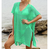 Short Sleeve V Neck Hollow Out Crochet Knitted Tunic Beach Dress Beach Wear Beachwear Beach Cover Up Cover-upsFemale Women V8061