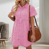 Faux Denim Button-down Mini Dress Women Summer Dress Short Sleeves A-line Lapel Patchwork Dress for Dating Commuting Party