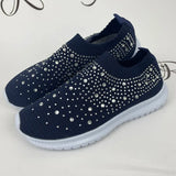 Women's Slip-On Crystal Sneakers 2025 Breathable Mesh Plus Size 35-43 Casual Flats Women Comfort Soft Sole Running Walking Shoes