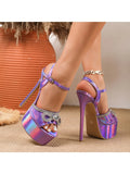 Elegant Purple Bow Design 16cm Sexy Model Ultra-high Heels Fashion Open Toe Sandals Women's Gladiator Night Club Dance Shoes 42