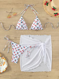 With Mesh Skirt Cherry Printed Bikini Female Swimsuit Women Swimwear Three Pieces Bikini Set Halter Bathing Suit Swim Beachwear