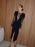 Ahagaga Eelgant Lace Women's Dress Patchwork Long Sleeves Autumn Party Slim Fit Sheath Velvet Sexy Split Trend Female Vestidos