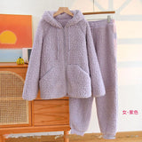 Korean New Women Warm Coral Fleece Pajamas Set Autumn Winter Sleepwear 2 Pieces Home Suit Casual Hooded Pajamas Night Wear