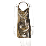 Sexy Hot Girl Slim Halter Neck Mini Dress Fold V-neck Low Cut Backless Bodycon Slit Short Dresses Streetwear Lady Party Vestidos