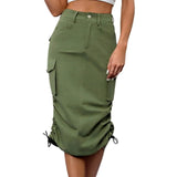 Womens Cargo Midi Skirt High Waist Multi Pocket Pencil Skirt Side Drawstring Ruched Split Hem Bodycon Summer Skirts Streetwear