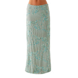 Women Summer Long Skirt for Beach Party Club Sequin Floral Embroidery Loose Fit Straight Skirt Casual Elegant Streetwear