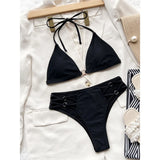 Sexy Halter Strappy Mid Waist Bikini Female Swimsuit Women Swimwear Two-pieces Bikini set Padded Bather Bathing Suit Swim V3635