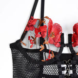Toucheart 4-Piece Sexy Lingerie Set Women Embroidered Flower Straps Cross Hollow Out Mesh Patchwork Sexy Lace Up Bra Garters Set