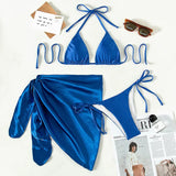 3pcs Halter with Skirt Sarong Satin Bikini Women Swimwear Female Swimsuit Three-pieces Bikini Set Micro Bather Bathing Suit Swim