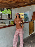 Sexy Pink Bikini Set Lace Wide-Leg Pants Soft Top Women 3Pcs Swimsuit Sexy Lace Up Bikini Set Swimwear Beachwear Summer Glamour