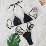 DEKA Solid High Waist Metal Hardware Bikini Set Smocked String Triangle Swimwear Hollowed Out Swimsuit