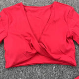 Long Sleeve Gym Crop Tops for Women Twist Deep V Workout Quick Dry Padded Sports Fitness Yoga T-Shirt