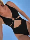 S - XL Tummy Cut Out Women Swimwear One Piece Swimsuit Female High Cut Monokini Metal Rings Bather Bathing Suit Swim Beachwear