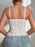 Women Ribbed Floral Cami Top Sleeveless Spaghetti Strap Tank Top Summer Slim Fit Comfy Casual Lace neckline Camisole