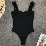 Ribbed Ruffled Frilled Trim Female Swimwear One Piece Swimsuit Women Monokini High Leg Cut Bathing Suit Swim Bodysuit Beach Wear