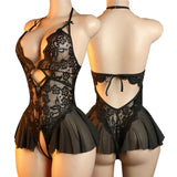 Women's Lingerie Sexy Lace Flower Print Semi Transparent Deep V-neck Hanging Neck Unobstructed Adult Style One-piece Dress