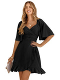 Summer Dress Women'S Fashion V Neck Short Flared Sleeved Wedding Guest Dresses Smocked Elastic Waisted Tiered Belted Ruffle Hem