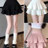 Double-layered Solid Colour High Waist A-line Hundred Mini Cake Skirt Including Safety Trousers Anti-glare Bustier Pleated Skirt