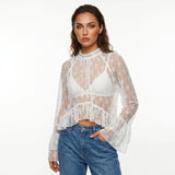 Womens Lace Floral Sheer Blouse Flare Long Sleeve Mock Neck Ruffle Peplum Hem Cropped Shirts Elegant Sexy Cover-ups Tops