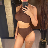 Halter Wrinkled High Neck Female Swimsuit High Waist Bikini Women Swimwear Two-pieces Bikini Set Bather Bathing Suit Swim V5616