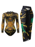 2026 Printed Mesh Swimsuit One Piece & Beach Dress Long Sleeves Swimwear Women Bathing Swimming Swim Suit Padded Beachwear