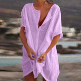 Cotton Linen Breathable And Comfortable Mid Length Oversized Button Down Half Sleeve O-neck Cardigan Casual Beach Suncreen Top