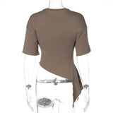 FDYOUI Women O-neck Short Sleeve Solid T-shirts 2026 Summer Chic Ruched Bandage Corset T-shirt Female Tunics Irregular Crop Tops