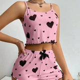 Heart Print Ribbed Frill Trim Pajama Set, Cute Bow Notched Neck Cross Strappy Backless Crop Cami Top & Elastic Shorts, Women's