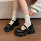Japanese Style Bow Chunky Platform Pumps Women Ankle Buckle Thick Heels Mary Jane Shoes Woman Preppy High Heel Pu Leather Shoes