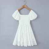 Puff Sleeve Cotton White Lace Dress Women Summer 2025 Square Collar Vintage Beach Short Dress Petite Flower Embriodery  Dress