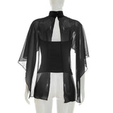FDYOUI Woman Black Corset with Cover-ups 2-piece Sets Chic Sexy Hollow Out Evening Party Tops Female Blouses Shirts High Street