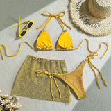 With Mesh Sarong Skirt Halter Bikini Women Swimwear Female Swimsuit Three-pieces Bikini Set Fishnet Bathing Suit Swim Beachwear