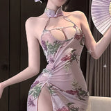 Hanging Neck Flower Print Off-the-shoulder Dress For Woman Pure Desire Backless Sleeveless Dress Elegant Nightclub Style 1P2O