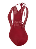S - XL Deep V Neck Knit Fishnet Mesh One Piece Swimsuit Women Swimwear Female Backless Monokini High Leg Cut Bathing Suit Swim