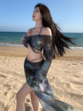 Korean Swimsuit 2025 Women Sexy Black Tie Dye Long Sleeve Cover Up  Long Skirt 4 Piece Bikini Set Bathing Suit Vacation Swimwear