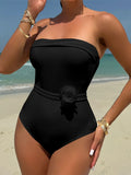 Sexy With 3D Flower Belt Bandeau Women Swimwear One Piece Swimsuit Female High Leg Cut Monokini Bather Bathing Suit Swim K5603