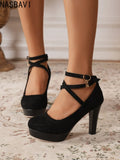 Large Size 42 Sexy Super High Heels Shoes for Women Ankle Buckle Chunky Platform Pumps Woman Black Flock Square Heel Party Shoes